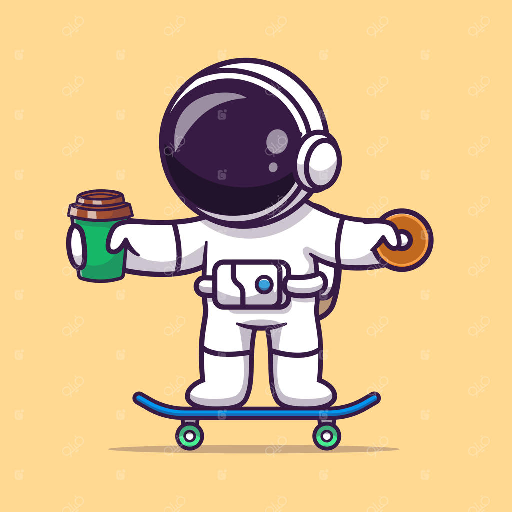 فضانورد بامزه در حال اسکیت‌بازی با قهوه و دونات کارتونی