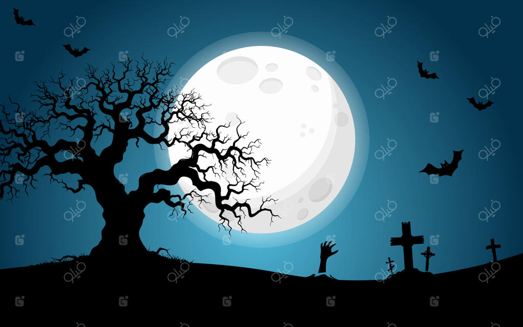 صحنه گورستان هالووین ترسناک زیر ماه کامل، با شبح‌هایی از درخت، سنگ قبرها و خفاش‌ها.
