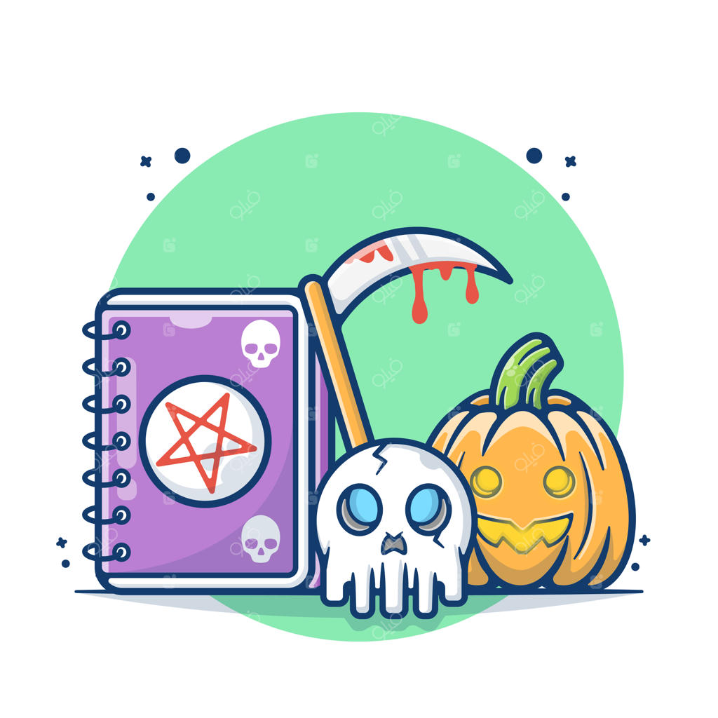 کدو تنبل‌های هالووین و دفترچه مرگ با تصویر جمجمه