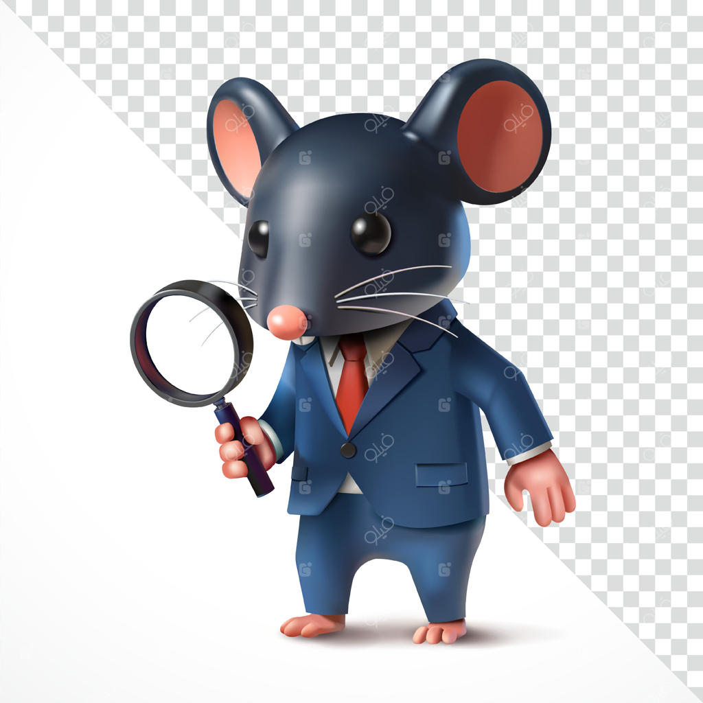 موش با کت‌وشلوار در حال نگاه کردن از طریق ذره‌بین، سه‌بعدی. مناسب برای عناصر طراحی، جرم و تجارت