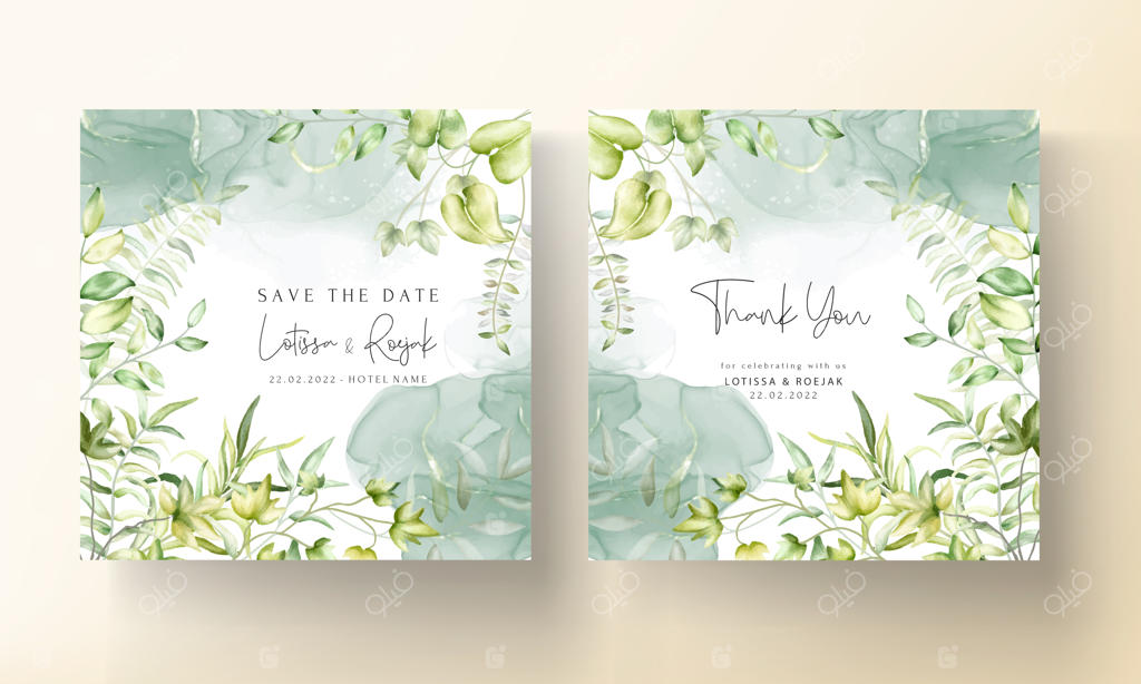 قالب کارت دعوت عروسی با برگ‌های آبرنگی زیبا