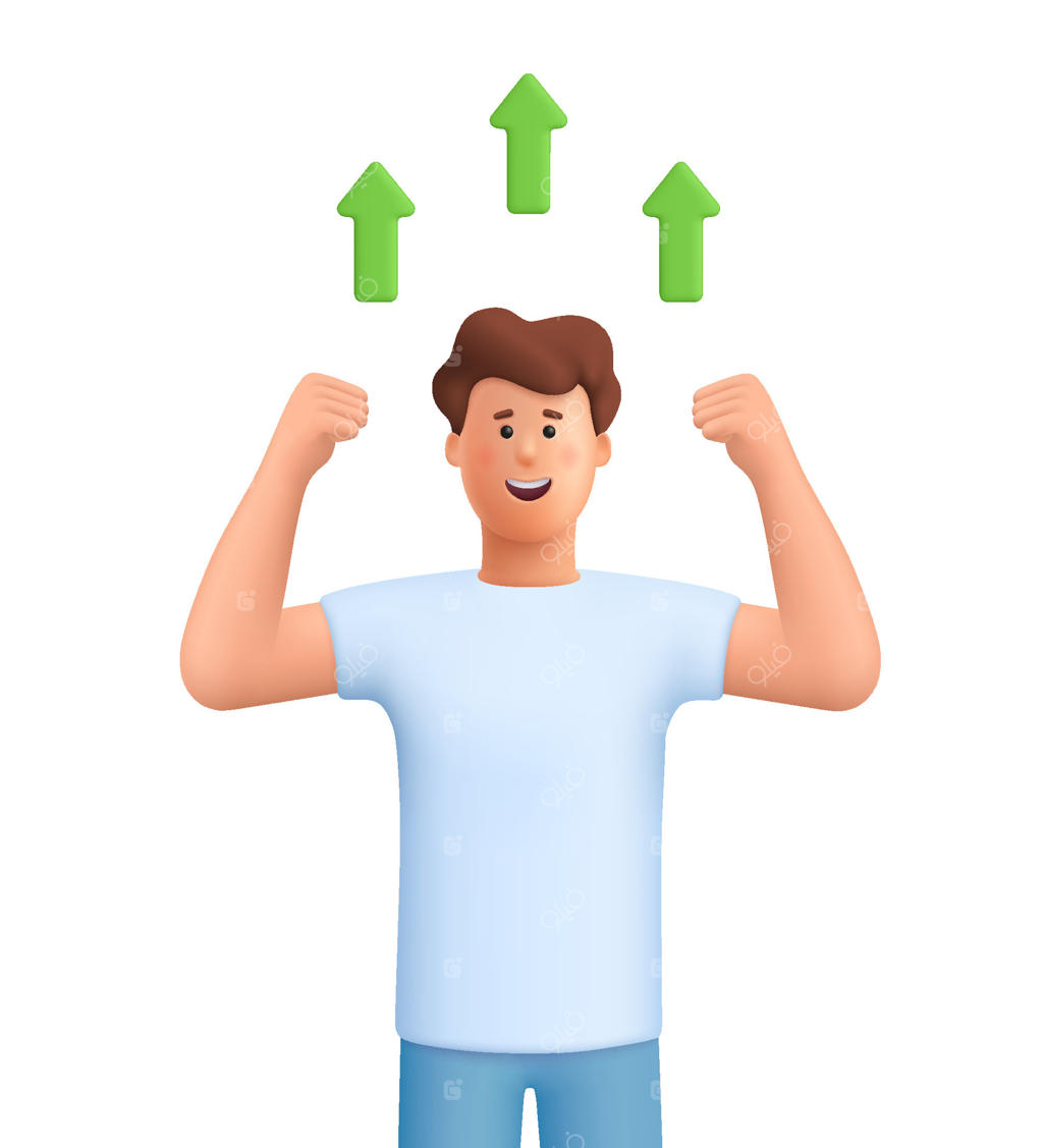 مرد جوان و خندان جیمز با دستان بالا و سه پیکان سبز رو به افزایش. مفهوم رشد کسب‌وکار، رهبری و موفقیت. شخصیت سه‌بعدی کارتونی با سبک مینیمال.