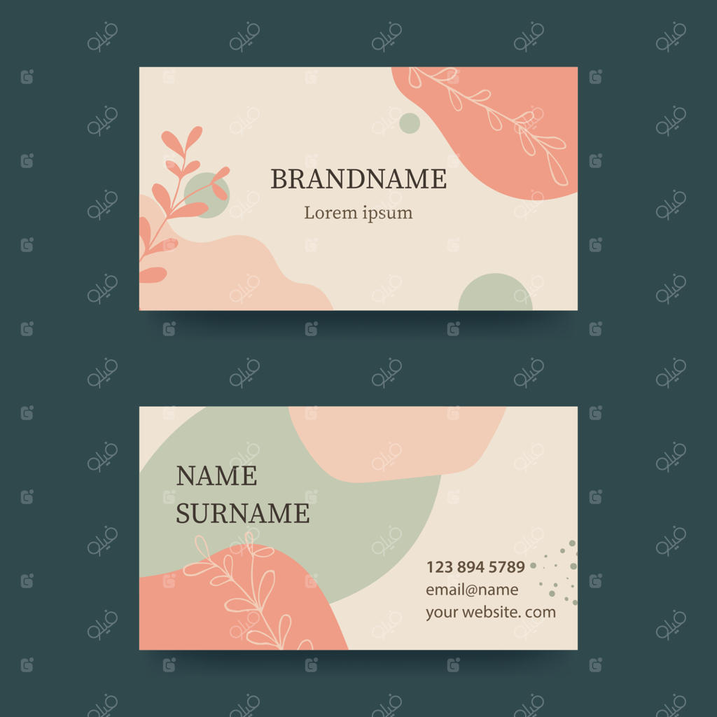 طراحی کارت ویزیت با رنگ‌های ملایم پاستلی. مفهوم مدرن با جلوه‌های مایع، قطره‌ها، قلم‌مو، گل‌ها، برگ‌ها و خطوط. تن‌های صورتی و سبز. وکتور