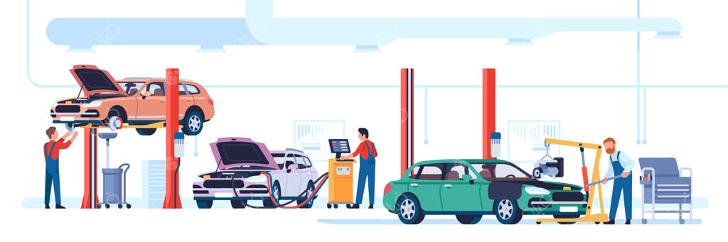 تعمیرگاه خودرو: کارگاه مکانیکی خودرو. مکانیک‌ها با لباس کار، خودروها را تعمیر می‌کنند. ایستگاه خدمات نگهداری فنی. تکنسین‌های خودرو وسیله‌نقلیه را برای تشخیص یا تعویض قطعات بالا می‌برند. مفهوم برداری.