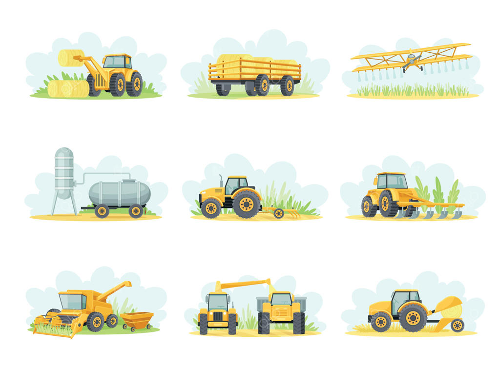 مجموعه ماشین‌آلات کشاورزی؛ تراکتور، تریلر بارگیری یونجه، کمباین و تصویرسازی هواپیما