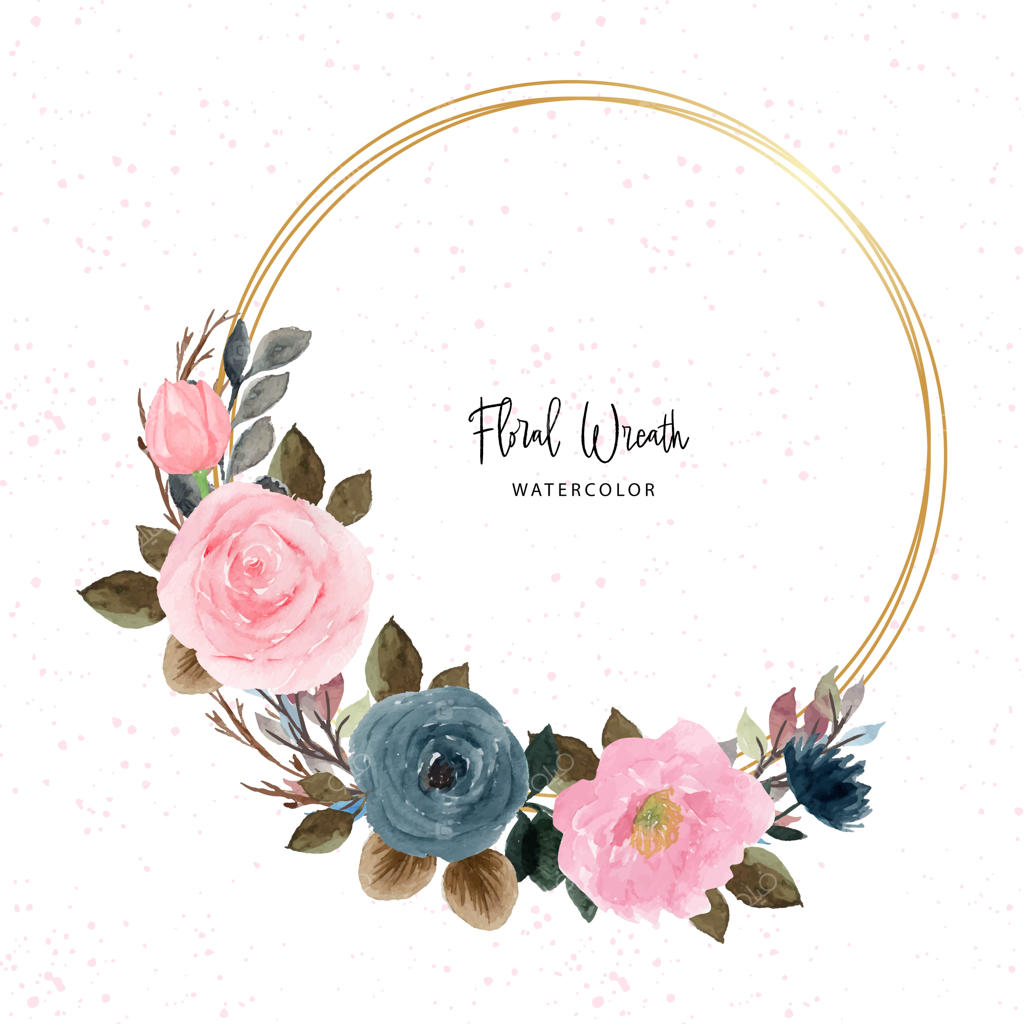 حلقه گل آبرنگی آبی و صورتی با قاب طلایی شیک