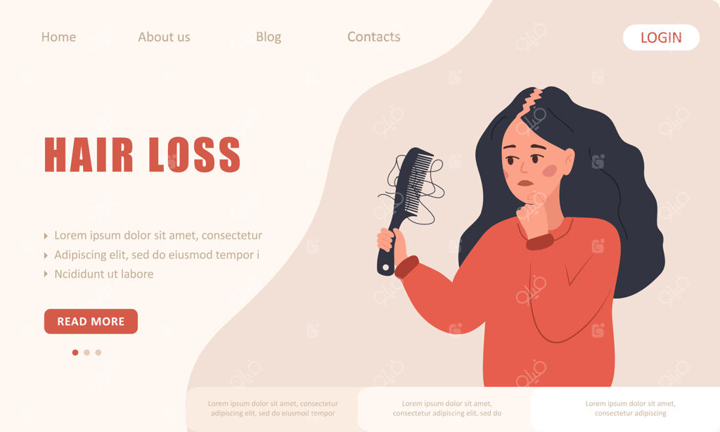 قالب صفحه فرود با موضوع ریزش مو؛ تصویر وکتور زن غمگین مبتلا به آلوپسی و مشکلات پوست سر همراه با برس، به سبک کارتونی تخت (فلت)
