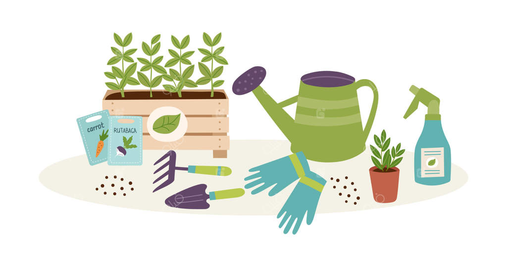 بنر مفهومی باغبانی با نهال‌ها، بذرها و تجهیزات باغبانی روی زمینه سفید. مفهوم بهار، باغبانی، کشاورزی و سبز کردن.