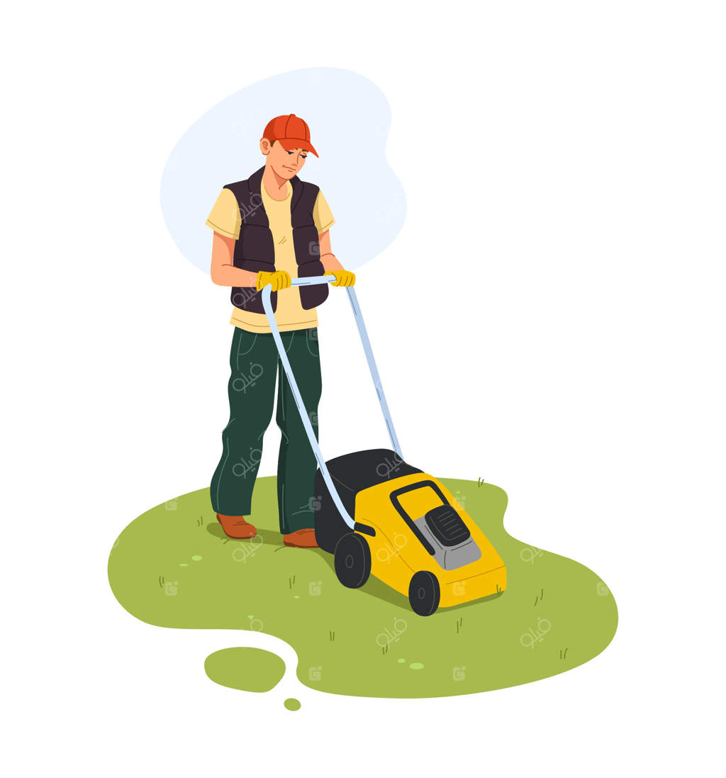 شخصیت مرد باغبان در حال چمن‌زنی با ماشین چمن‌زن