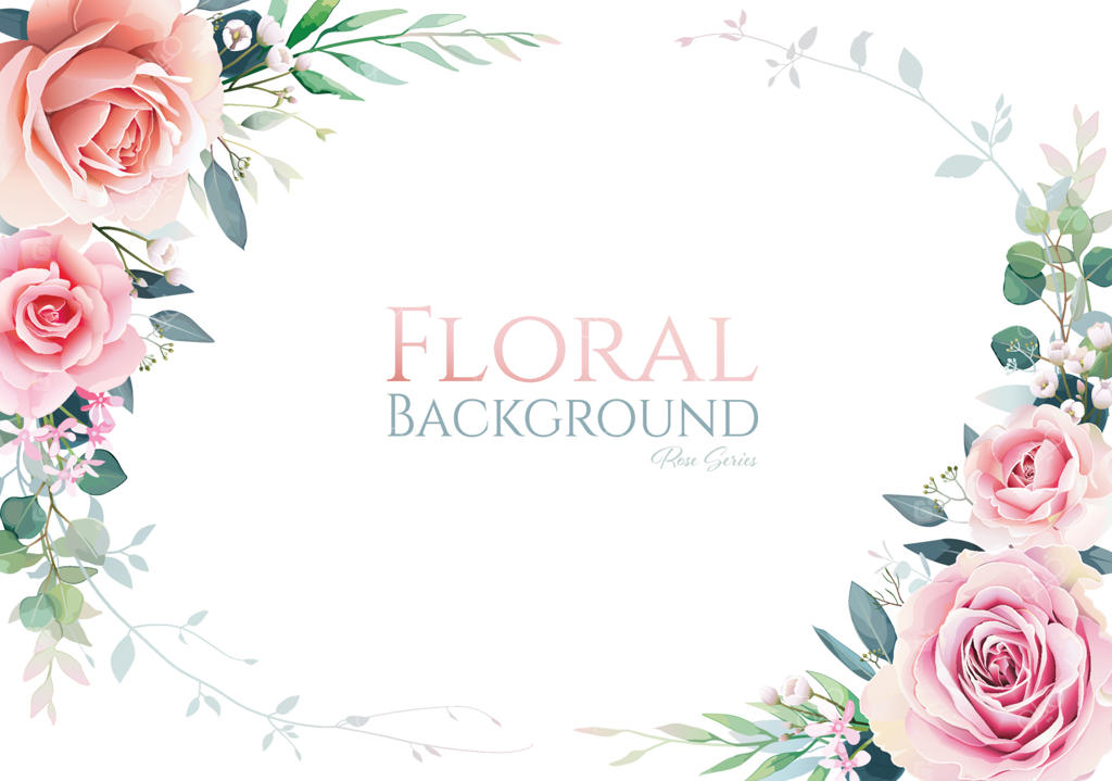 قاب و حاشیه گل‌های رز صورتی و سفید با برگ‌های سبز در پس‌زمینه سفید؛ قالب وکتور زیبا برای کارت دعوت عروسی، کارت تبریک و بنر با قابلیت ویرایش و جداسازی تمام اجزا