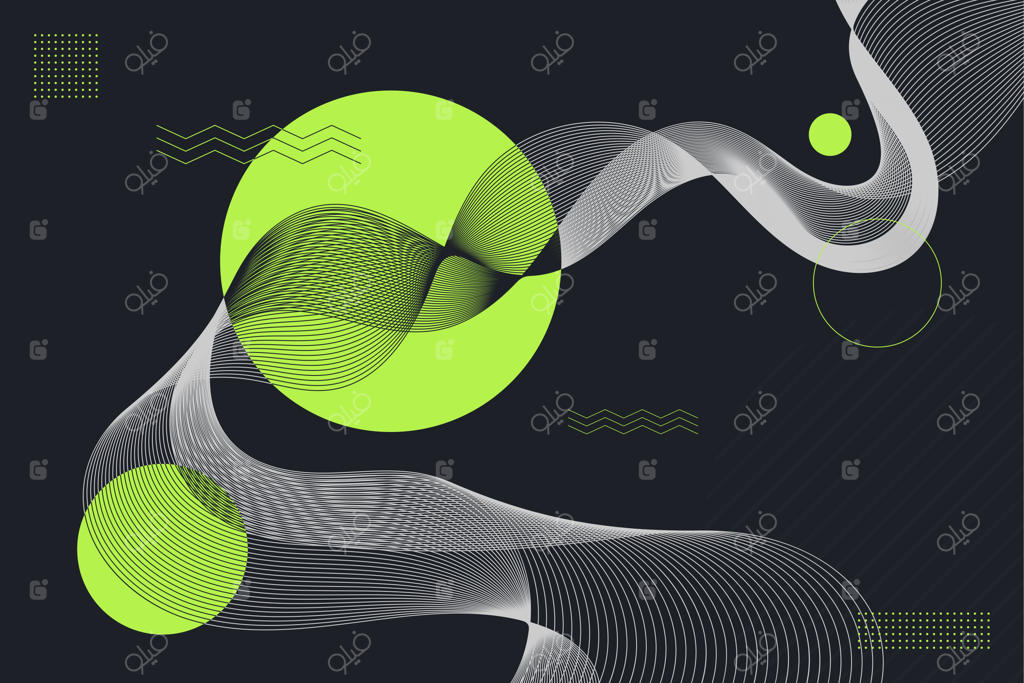 ترکیب هندسی با دایره سبز روشن و خطوط موج‌دار بر روی زمینه سیاه طراحی