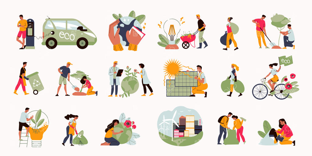 مجموعه اکولوژی با منابع انرژی جایگزین و افراد مراقب محیط‌زیست، تصویرسازی برداری در پس‌زمینه سفید