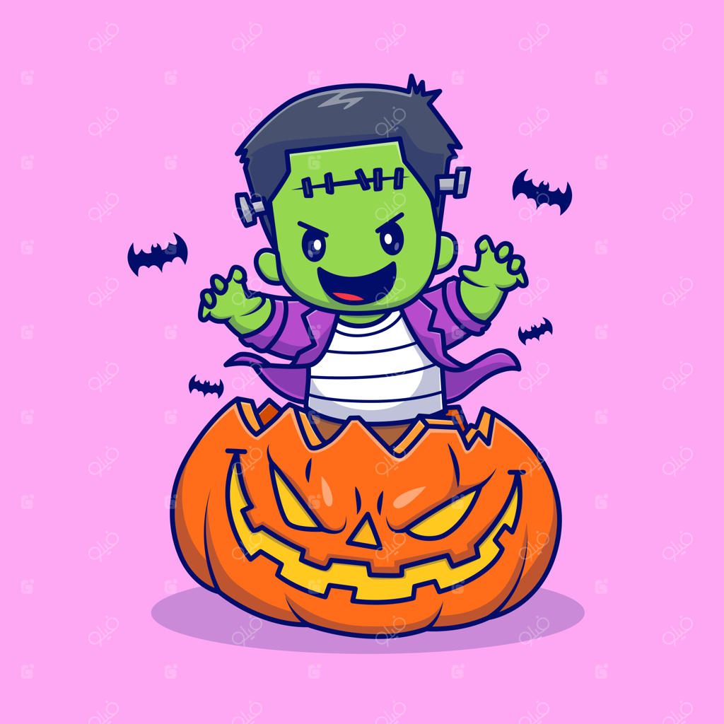 آیکون کارتونی وکتور: فرانکنشتاین بامزه در جشن هالووین با کدوحلوایی و خفاش. جشن مردم