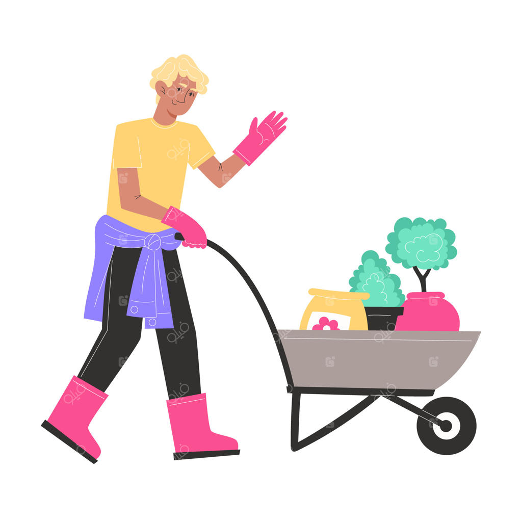 جوانی در لباس باغبانی در حال حمل چرخ دستی با گلدان‌ها و کود است