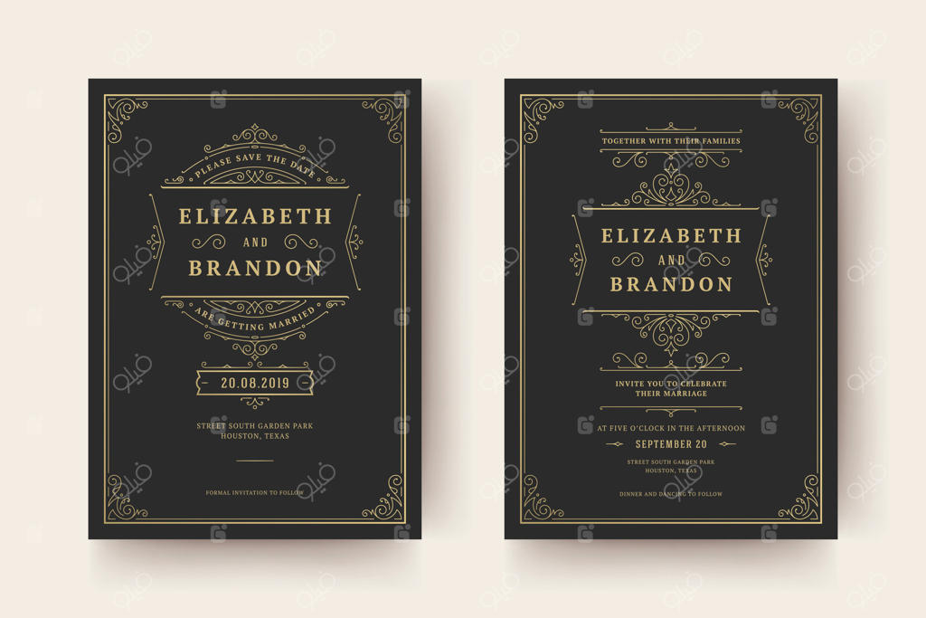 الگوی کارت دعوت عروسی: تاریخ را ذخیره کنید - طراحی شیک با تزئینات و نقوش منحنی