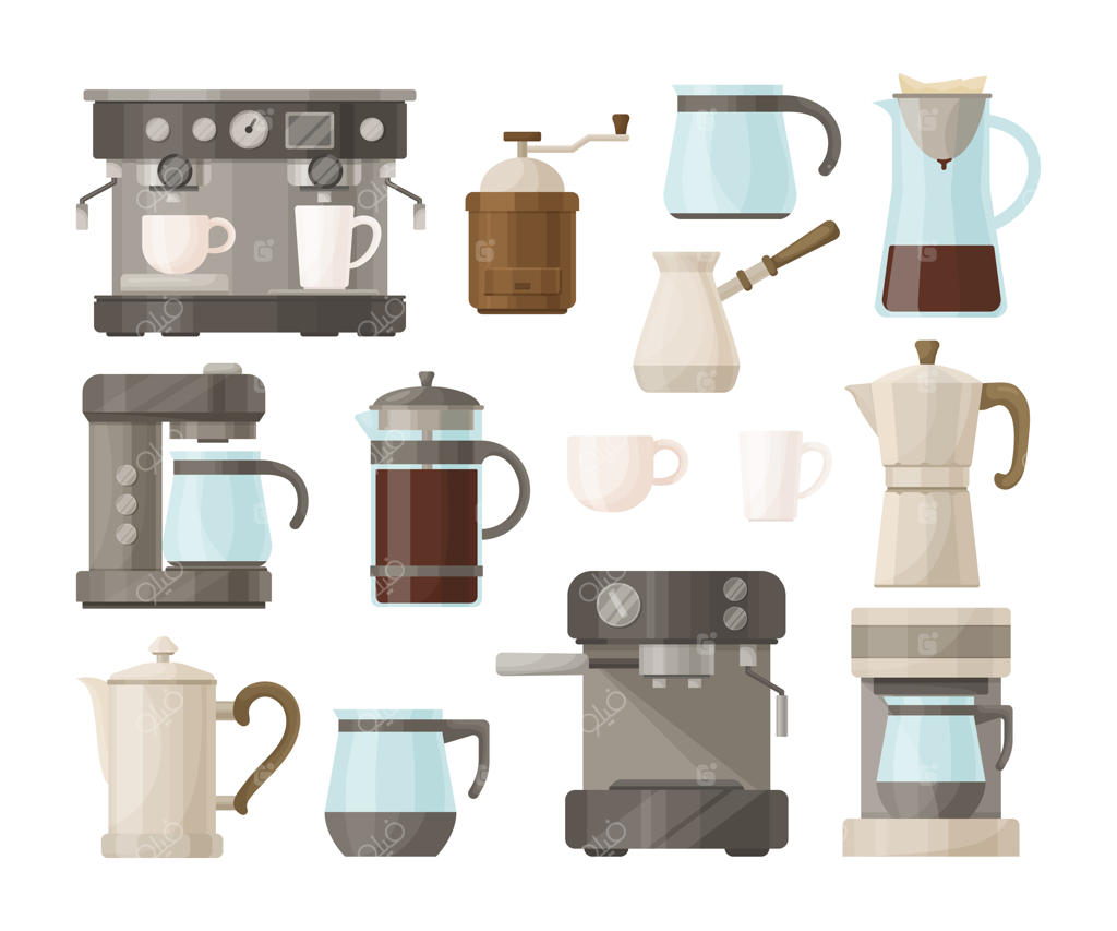 مجموعه‌ای از دستگاه‌های قهوه‌ساز و اسپرسوساز: تصاویر وکتور از تجهیزات مدرن و قدیمی. جذوه ترکی کارتونی و قوری فیلتر دار. ایده‌آل برای کافی‌شاپ و کافه‌ها.