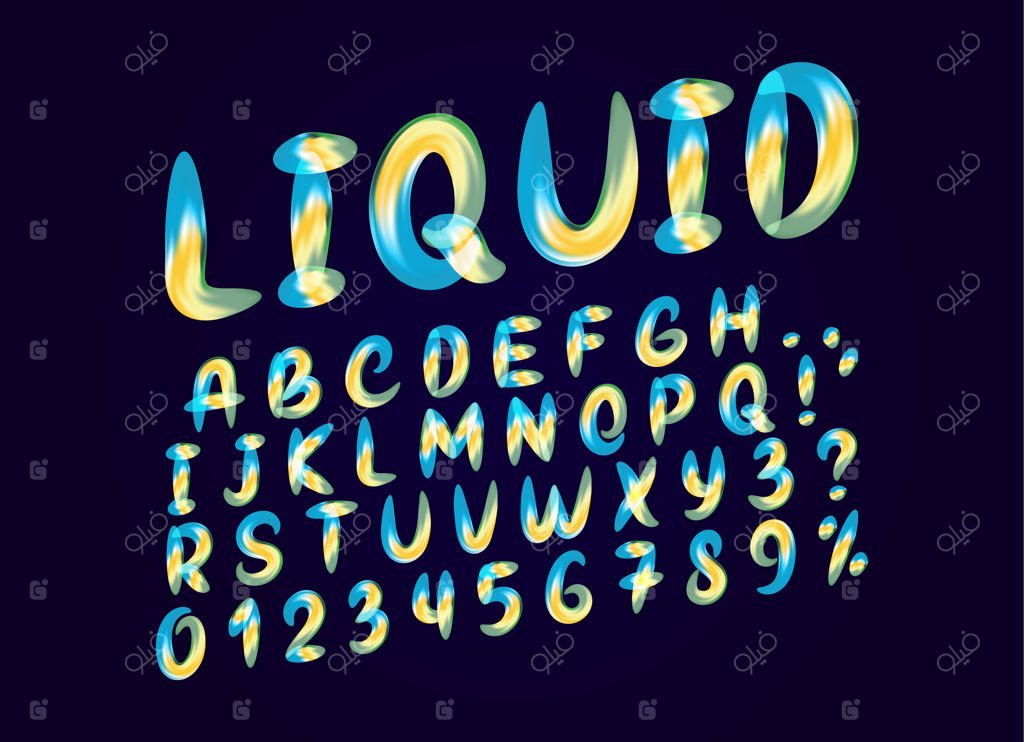 فونت انگلیسی با طراحی مایع و گرادیانت آب‌شده. حروف رنگارنگ و انتزاعی. طراحی حروف سه‌بعدی و اعداد با پس‌زمینه سیاه. تصویرسازی وکتور