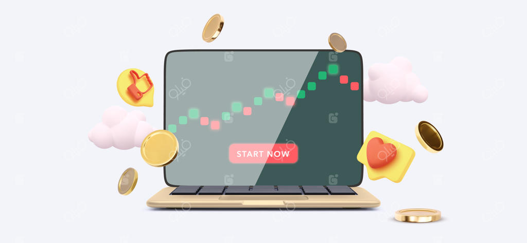 بنر معاملات مالی با سبک سه‌بعدی واقع‌گرایانه. لپ‌تاپی با نمایش قیمت‌های بازار سهام.