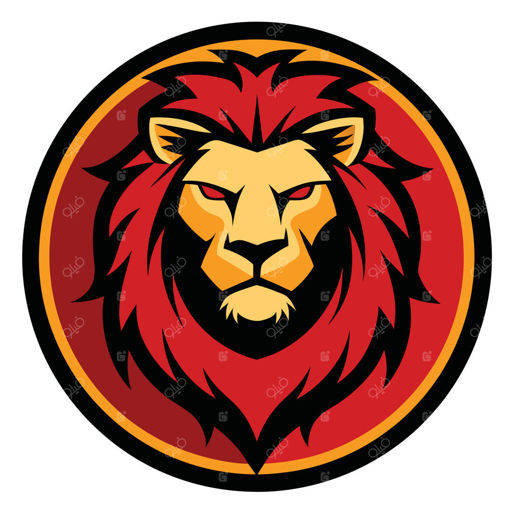 لوگوی سر شیر در دایره قرمز و زرد: طراحی مدرن و قدرتمند برای تیم ورزشی و برندینگ.