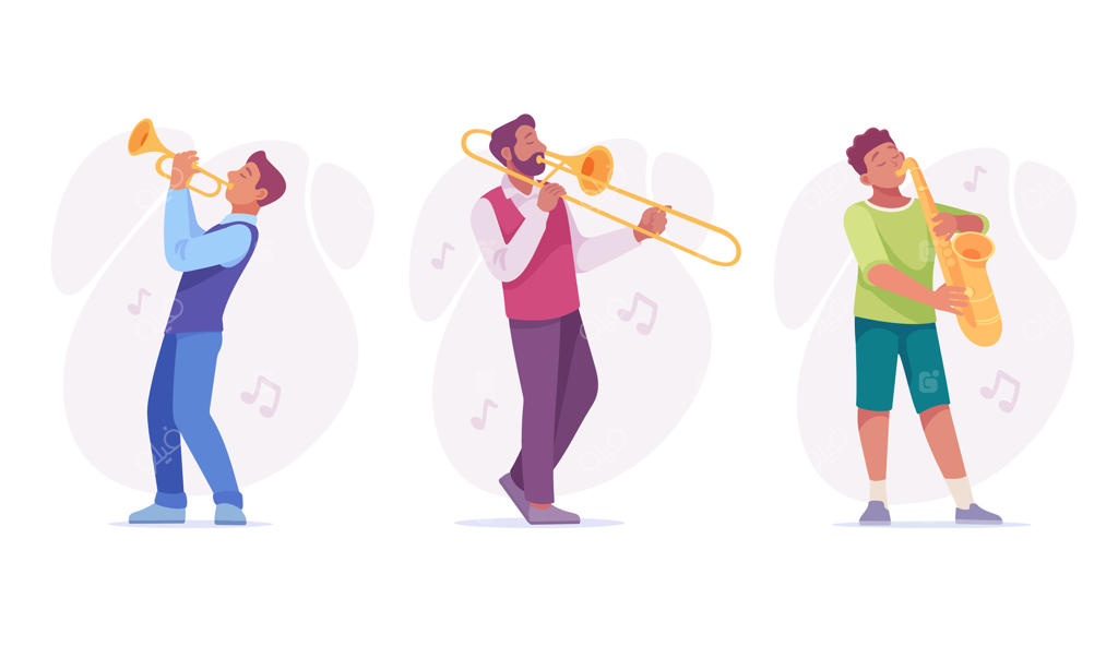 نواختن پرشور و باانرژی سازهای بادی برنجی توسط نوازندگان در مراسم جشن