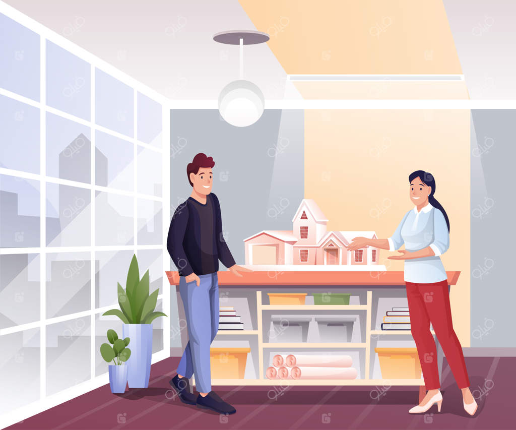 افراد مشغول به کار در دفتر طراحی: فضای داخلی محل کار مدرن، زنی که مدل خانه را به مرد نشان می‌دهد