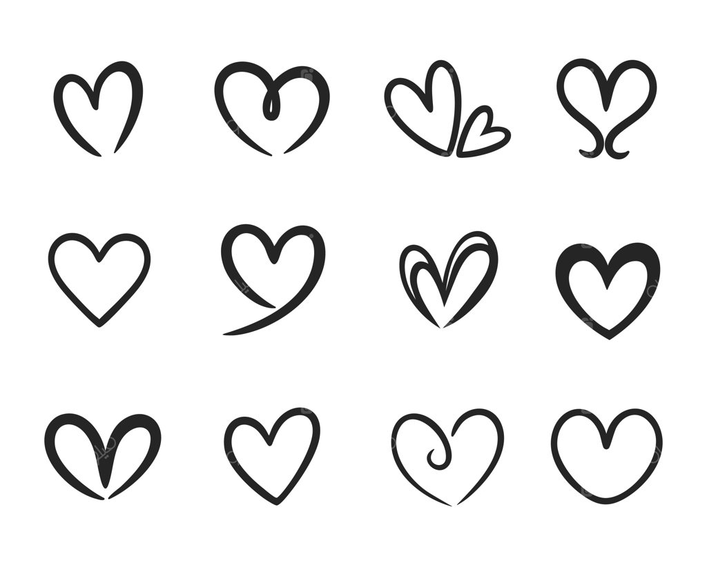 مجموعه وکتور قلب‌های سیاه و سفید با طرح دستی و حاشیه قلم‌مویی