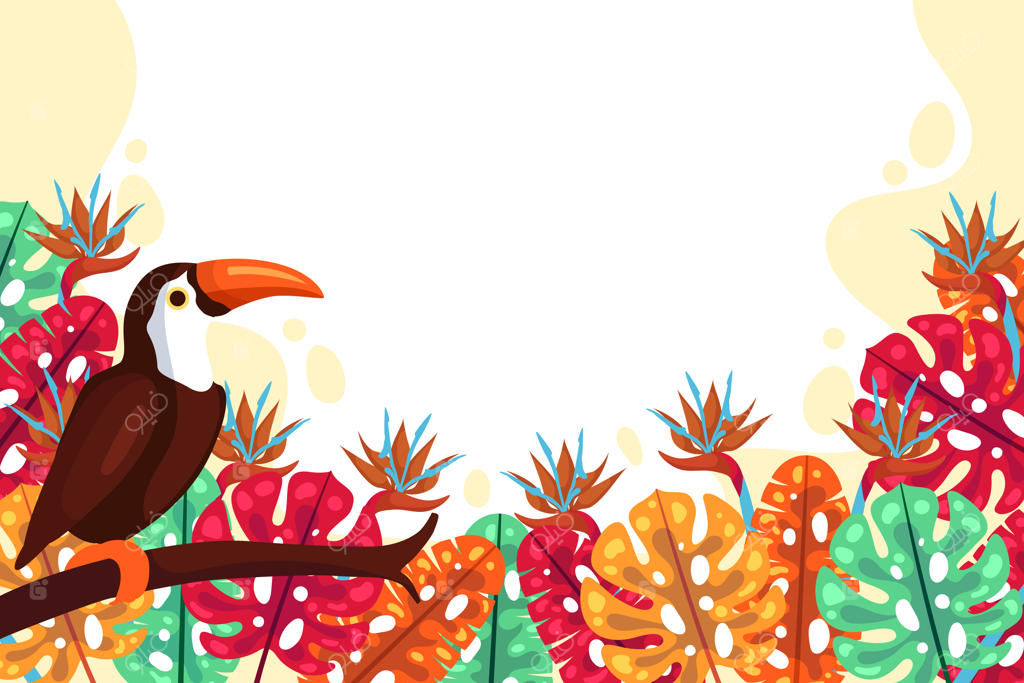 پس‌زمینه تابستانی و استوایی تخت با طرح توکان و برگ‌ها