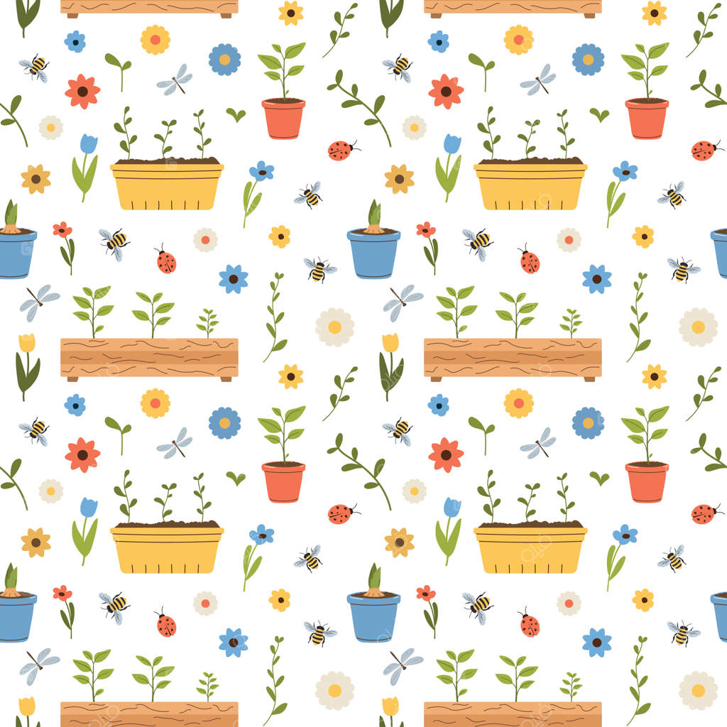 طرح یکپارچه باغ بهاری با گلدان‌ها و حشرات. کاغذ دیواری گلدار کارتونی. زمینه سفید.