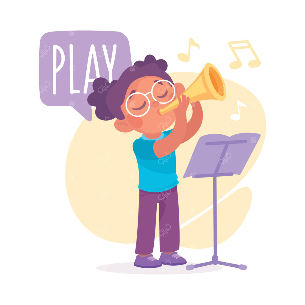 تصویرسازی دختربچه در حال نواختن ترومپت برای آموزش افعال و لغات