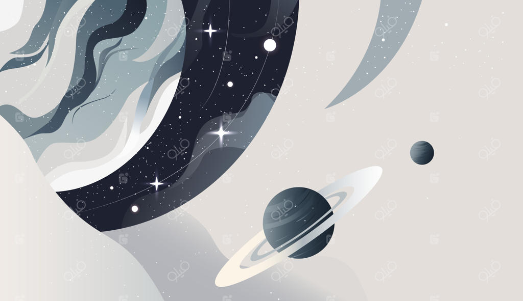 صحنه فضایی به سبک تخت. پس‌زمینه آینده‌نگر فضایی با سیارات. دنیای شگفت‌انگیز کیهانی