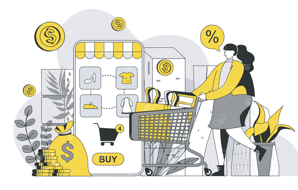 تجارت در اپلیکیشن‌های موبایل: زنی در حال خرید و جستجوی تخفیف‌ها