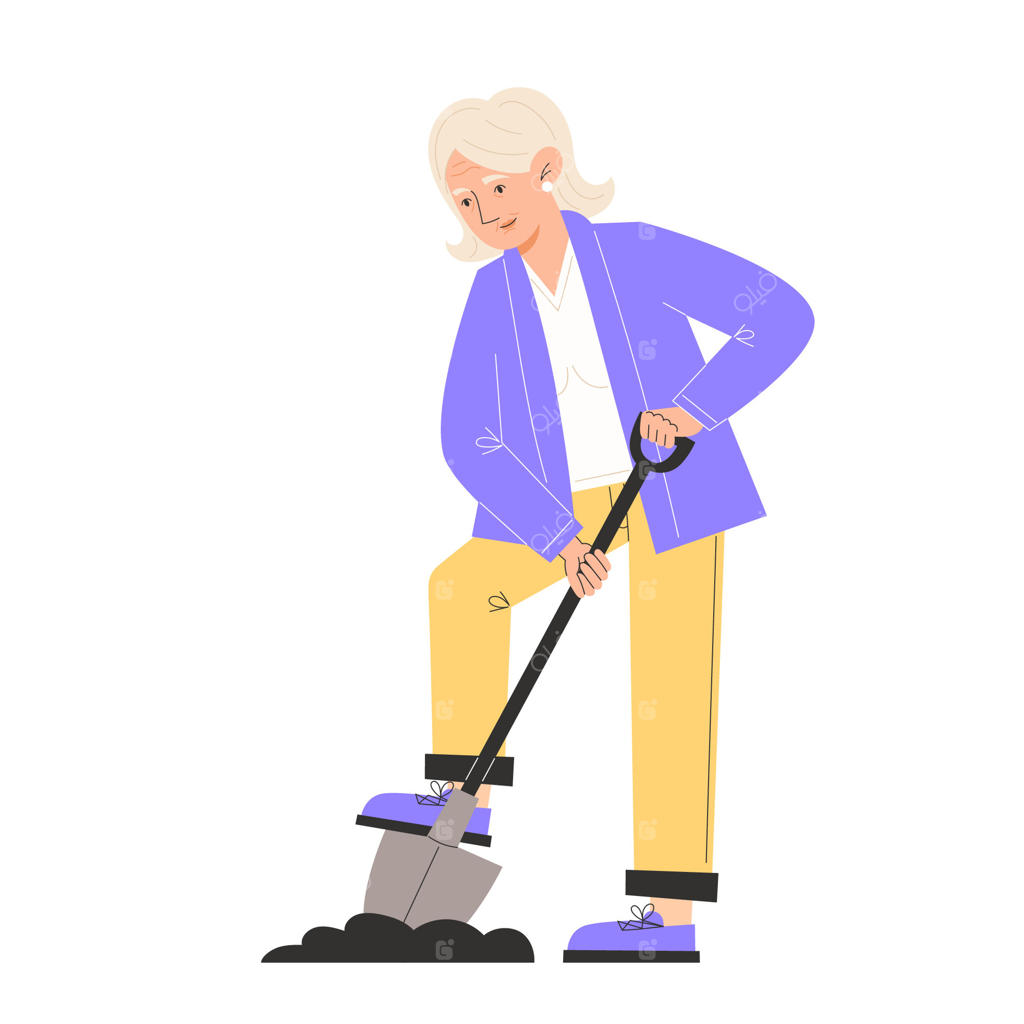 پیرزنی با لباس باغبانی زمین را با بیل می‌کَند