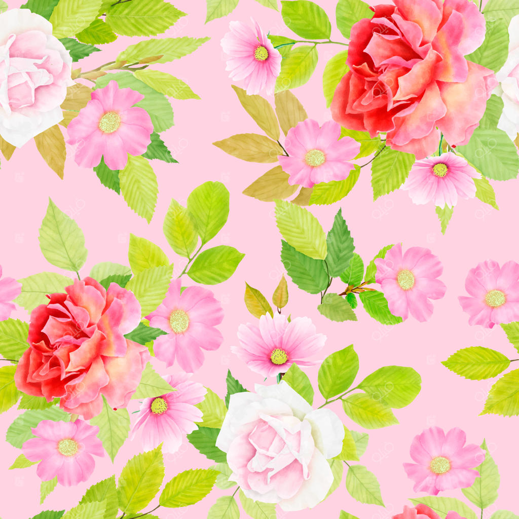 پترن بی‌پایان نقوش گل‌دار با زنبق و رز‌ها