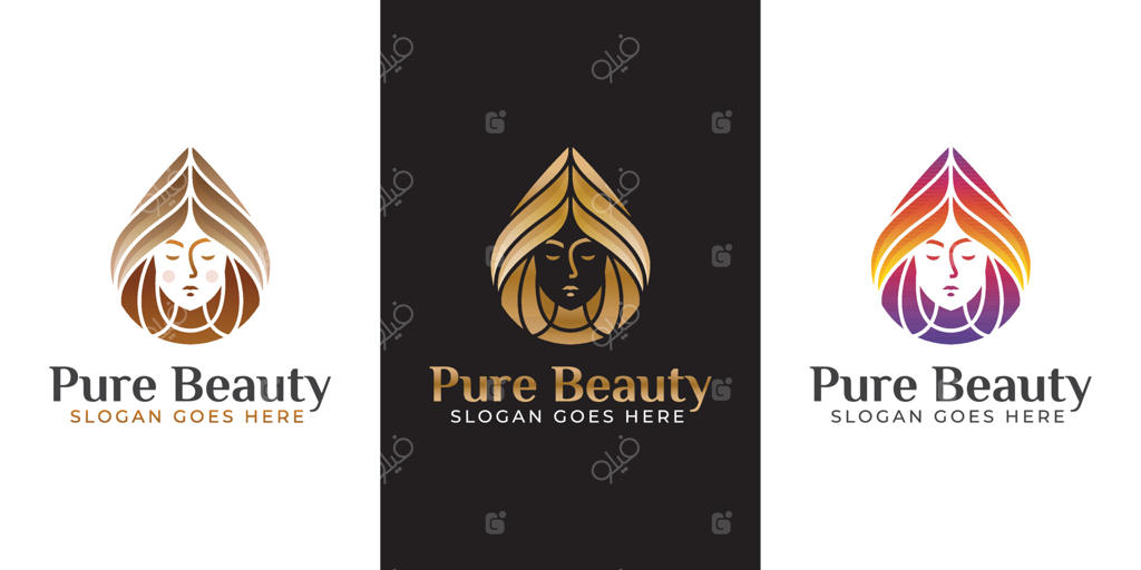 طراحی لوگو برای مرکز زیبایی و سلامتی، سالن آرایش زنانه، نماد زیبایی زنانه با نسخه‌های رنگی مختلف