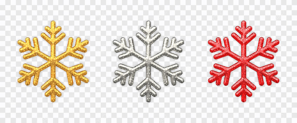 دانه‌های برف درخشان طلایی، نقره‌ای و قرمز با بافت برق‌دار جدا شده از زمینه