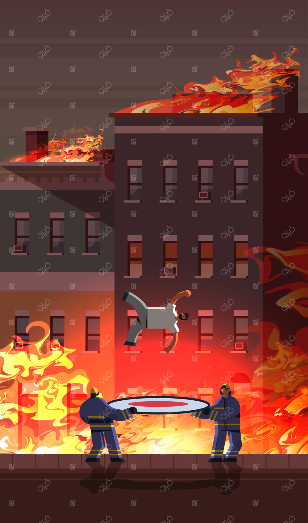 آتش‌نشانان شجاع در حال گرفتن مرد سقوط کرده با تور نجات - مفهوم خدمات اضطراری اطفای حریق در شهری با شعله‌های آتش سوزان