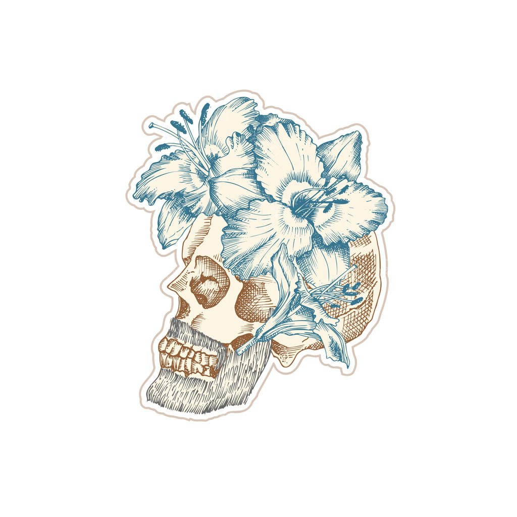 برچسب قدیمی جمجمه انسان با تاج گل‌های سوسن. سبک کلاژ هنری و فرهنگ زین. طرحی برای آرایشگاه هیپستر. طراحی تیشرت و تتو با طرح دستی واقع‌گرایانه سر اسکلت.