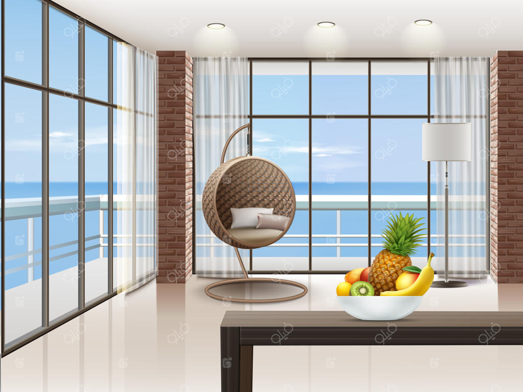 دکوراسیون داخلی با پنجره‌های بزرگ، صندلی راحتی و میز در سبک اکو-مینیمالیسم