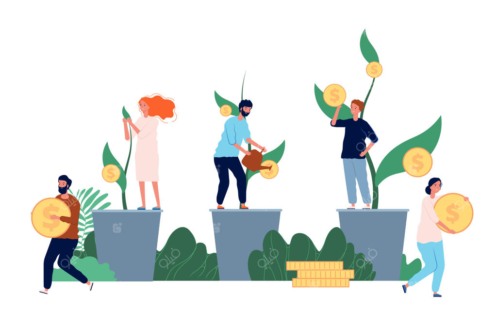 رشد سرمایه: تاجری کنار سکه‌های رو به رشد ایستاده است - مفهوم سرمایه‌گذاری یا سود نقدی تصویری تخت. تصویرسازی سرمایه‌گذاری نقدی و افزایش سود.