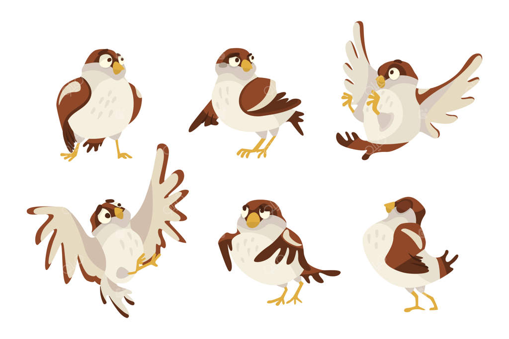 مجموعه‌ای از تصاویر کارتونی گنجشک بامزه در حالات مختلف. پرنده کوچک قهوه‌ای که احساسات مختلفی را نشان می‌دهد - در حال راه رفتن، ایستادن، بال‌زدن روی پس‌زمینه سفید. مفهوم حیوانات و حیات وحش.