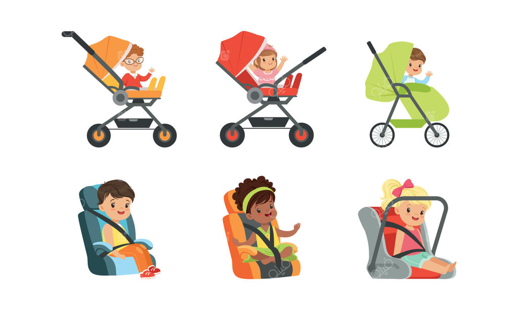 مجموعه‌ای از صندلی‌های ماشین کودک و کالسکه‌ها، صندلی ماشین کودک، لوازم جانبی صندلی ماشین کودک،