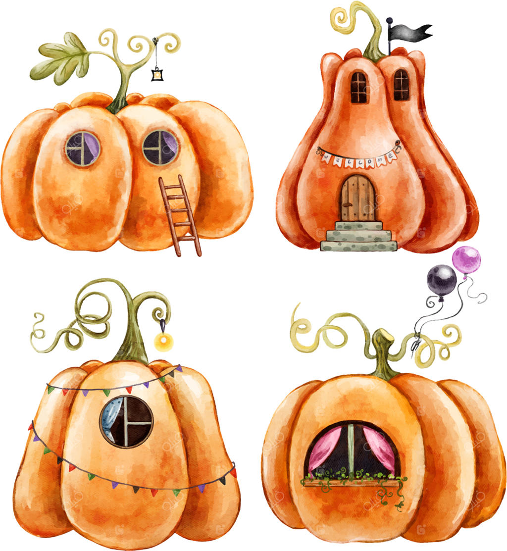 دکوراسیون هالووین: خانه‌های کدویی با پنجره‌ها و پرچم‌های رنگ شده با آبرنگ