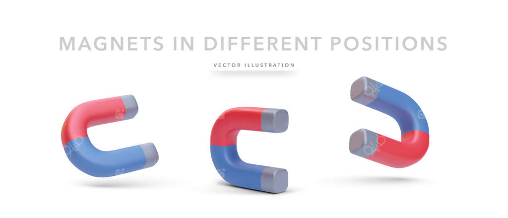 مجموعه آهن‌رباهای سه‌بعدی واقع‌گرایانه در موقعیت‌های مختلف با سایه بر روی پس‌زمینه سفید، تصویر وکتور