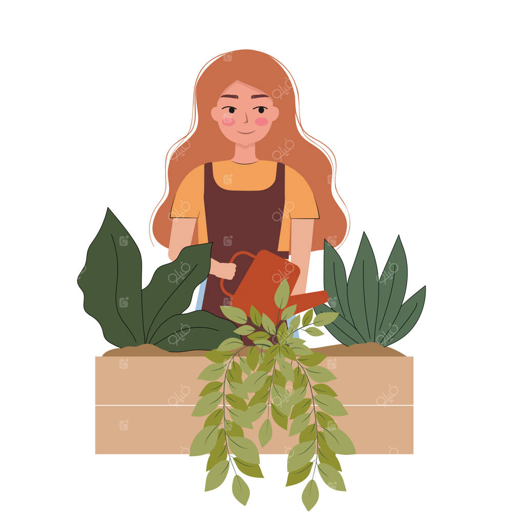زن در حال آبیاری گیاهان گلدانی - تصویر تخت وکتور طرح کارتونی مفهومی باغبانی