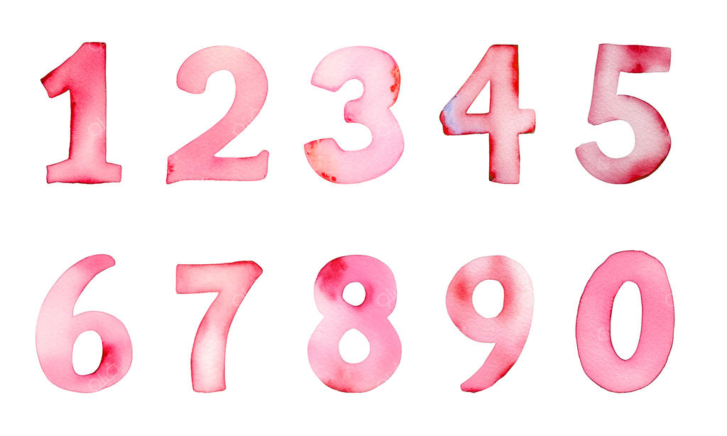 مجموعه‌ای از اعداد رنگارنگ آبرنگی. اعداد آبرنگی صورتی دست‌ساز. اعداد ۰ تا ۹.