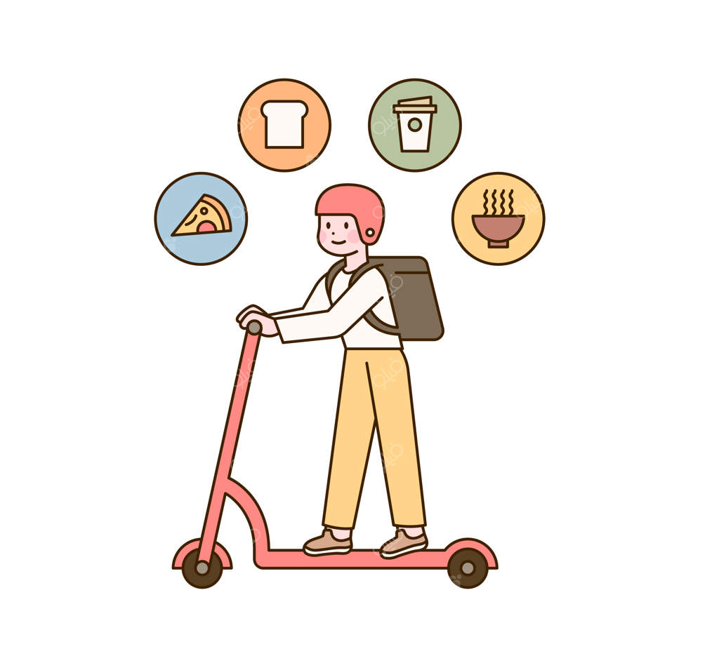 پیک غذارسان با جعبه غذا و اسکوتر در حال تحویل سفارش است.