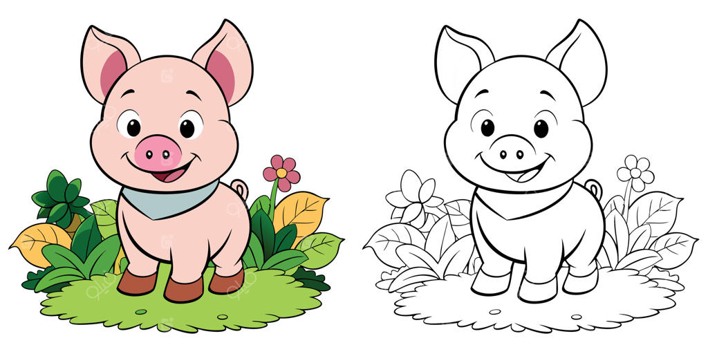 صفحه رنگ‌آمیزی بچه خوک بامزه برای کودکان - چاپی . بچه خوک صورتی در باغ - طرح کارتونی حیوانات .