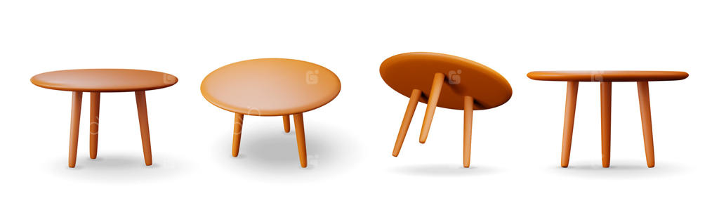 مجموعه سه‌بعدی پایه میز چوبی با پایه‌ها، ایزوله روی زمینه سفید.