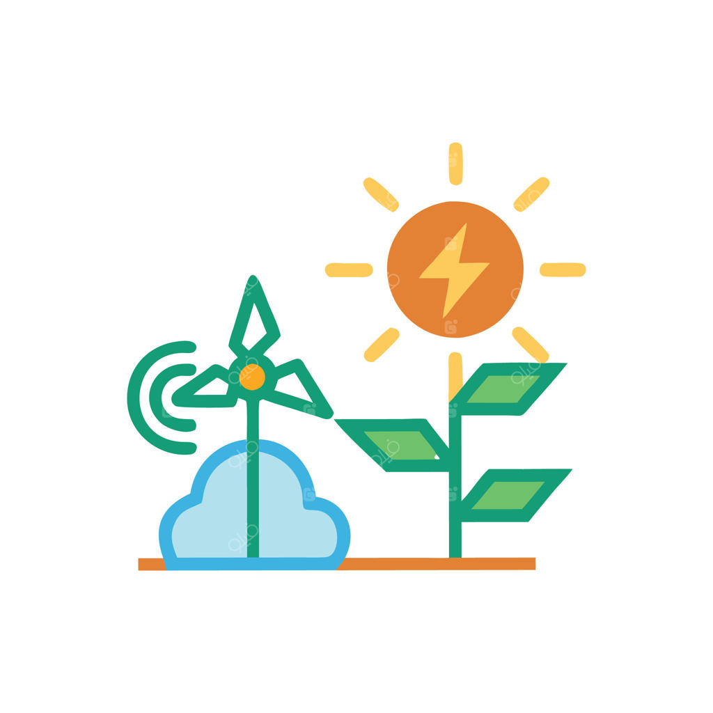 یک پنل خورشیدی و یک آسیاب بادی در کنار خورشید نمایش داده می‌شوند.