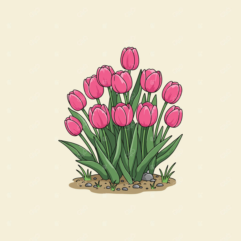 تصویری کارتونی از تعدادی لاله صورتی در یک باغچه کوچک با خاک و سنگ‌ها نمایش می‌دهد.